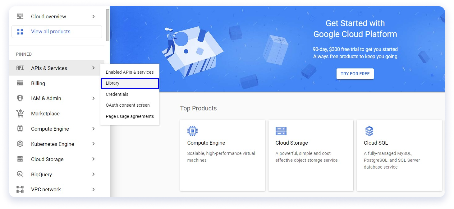 Select “APIs & Services” in Google Cloud Platform Console