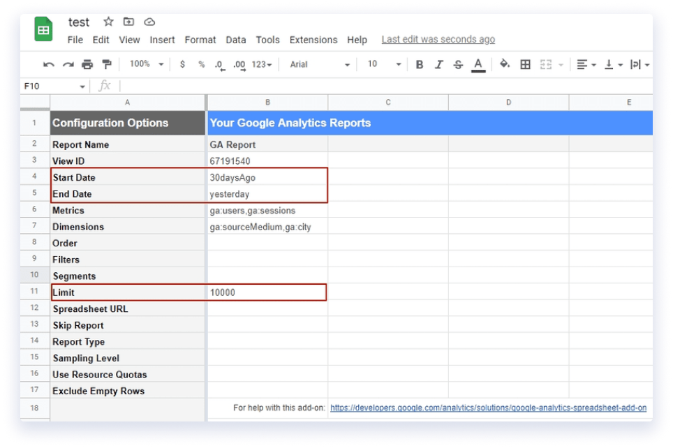 Report parameters in Google Sheets